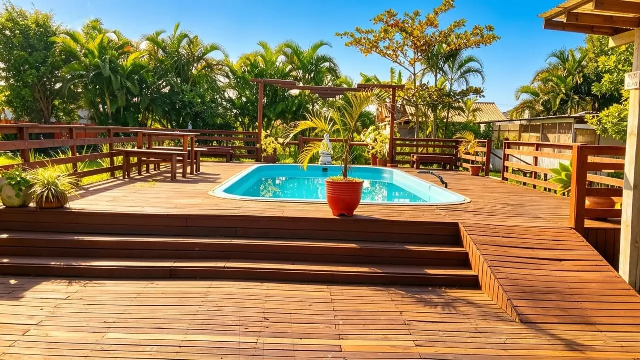Piscina, deck de madeira e pergolado da Pousada Aurema ao entardecer